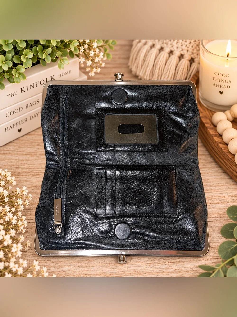 HOBO Lauren Black Distressed Leather Double-Frame Wallet Clutch
